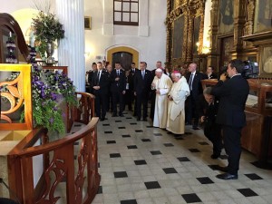 Pope Francis, with Bishop Raul Vera, visits the tomb of Bishop Samuel Ruiz