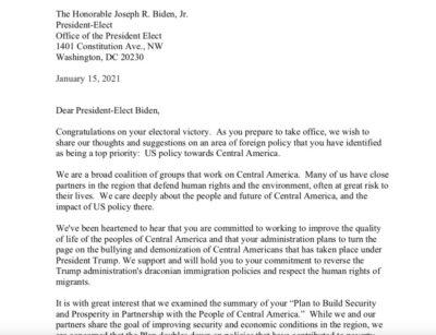 Letter To President-Elect Biden on Central America Policy